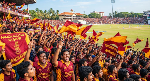 Vibrant stadium spectators stand bathed in sunshine cheering with maroon and gold silk flags, singing the college anthem passionately during the historic Battle of the Maroons big match encounter.