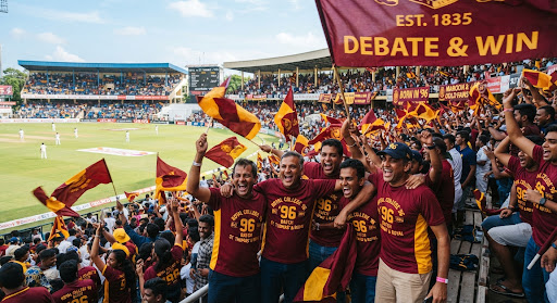 Vibrant collegiate cricket stadium grandstand during big match rivalry with energetic batchmates waving flags