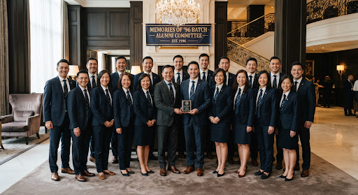 Formal commemorative group photograph of executive committee members standing together in classic suits