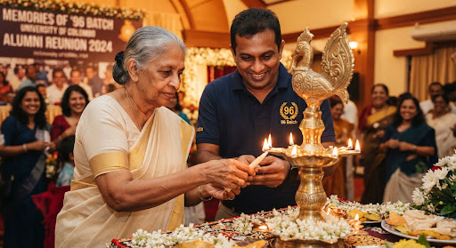 Traditional Sri Lankan brass oil lamp being lit by a revered senior teacher alongside an alumnus