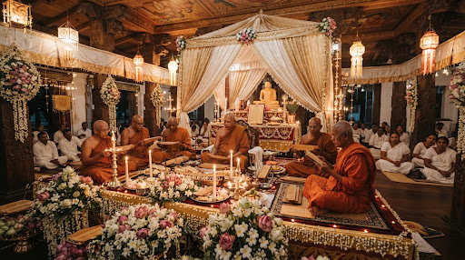 Solemn all-night Pirith chanting ceremony inside an adorned traditional Sri Lankan Buddhist hall draped in white and gold cloths, with revered saffron-robed Buddhist monks chanting under warm candlelight and lotus arrangements.