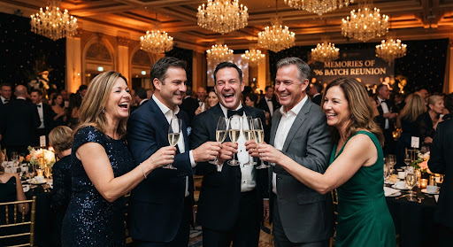 Joyful alumni in formal suits clinking champagne flutes in a celebratory toast under glittering crystal chandeliers