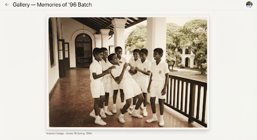 Nostalgic vintage 1990s sepia photograph of schoolboys in white uniforms laughing on colonial verandas