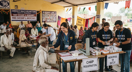 Community health welfare camp showing volunteer alumni doctors providing medicine distributions