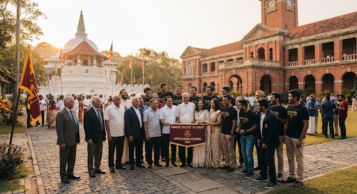 A distinguished group of Ananda College alumni gathered on the historic school quadrangles in front of the iconic white Buddhist shrine and colonial brick hall. The late afternoon sunlight casts warm amber tones, capturing warm smiles, camaraderie, and timeless collegiate reverence across generations.